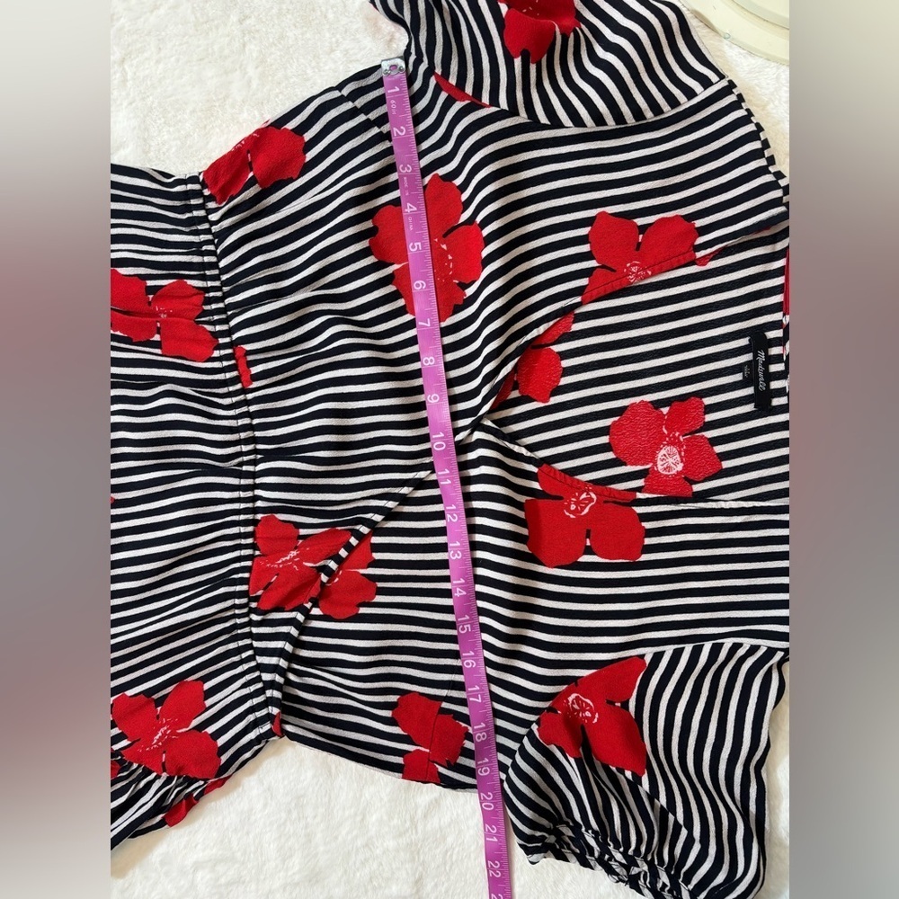 Madewell Black and White Striped Floral Print Faux Wrap Dress - Picture 11 of 12